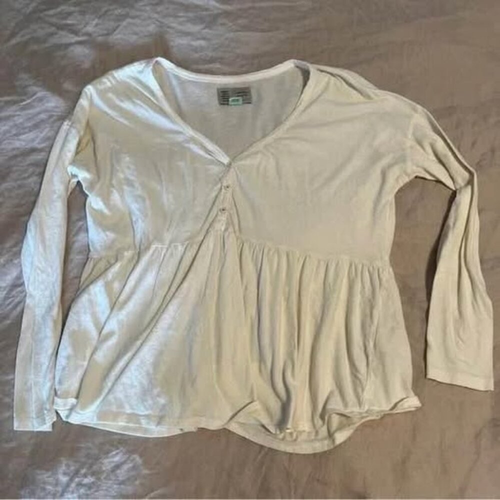 Anthropologie Babydoll Long Sleeve Top Cream V Neck Buttons Size Medium
